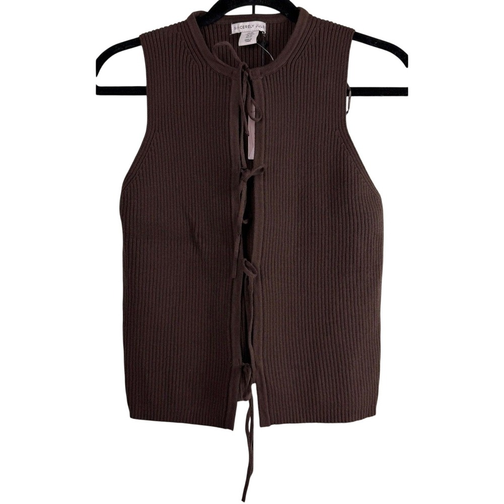 Sincerely Jules Chocolate Brown Ribbed Lace Up Mock Neck Sweater Vest NWT